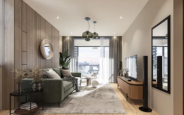 One bed living room with green sofa and city views