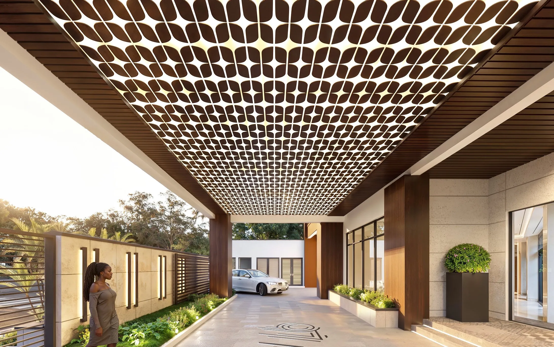 Grand reception and concierge with slatted timber ceiling