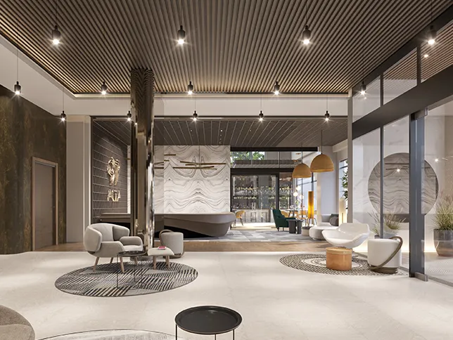 Boutique hotel-inspired interior reception with slatted timber ceiling