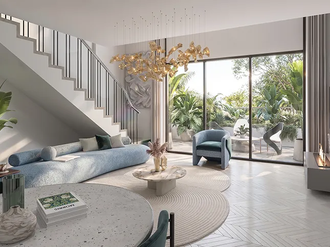 Loft interior with double-height ceiling and staircase
