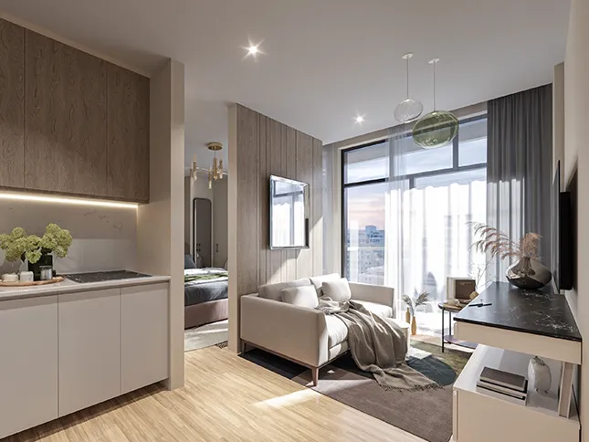 Mini one bed interior with kitchenette, lounge and bedroom