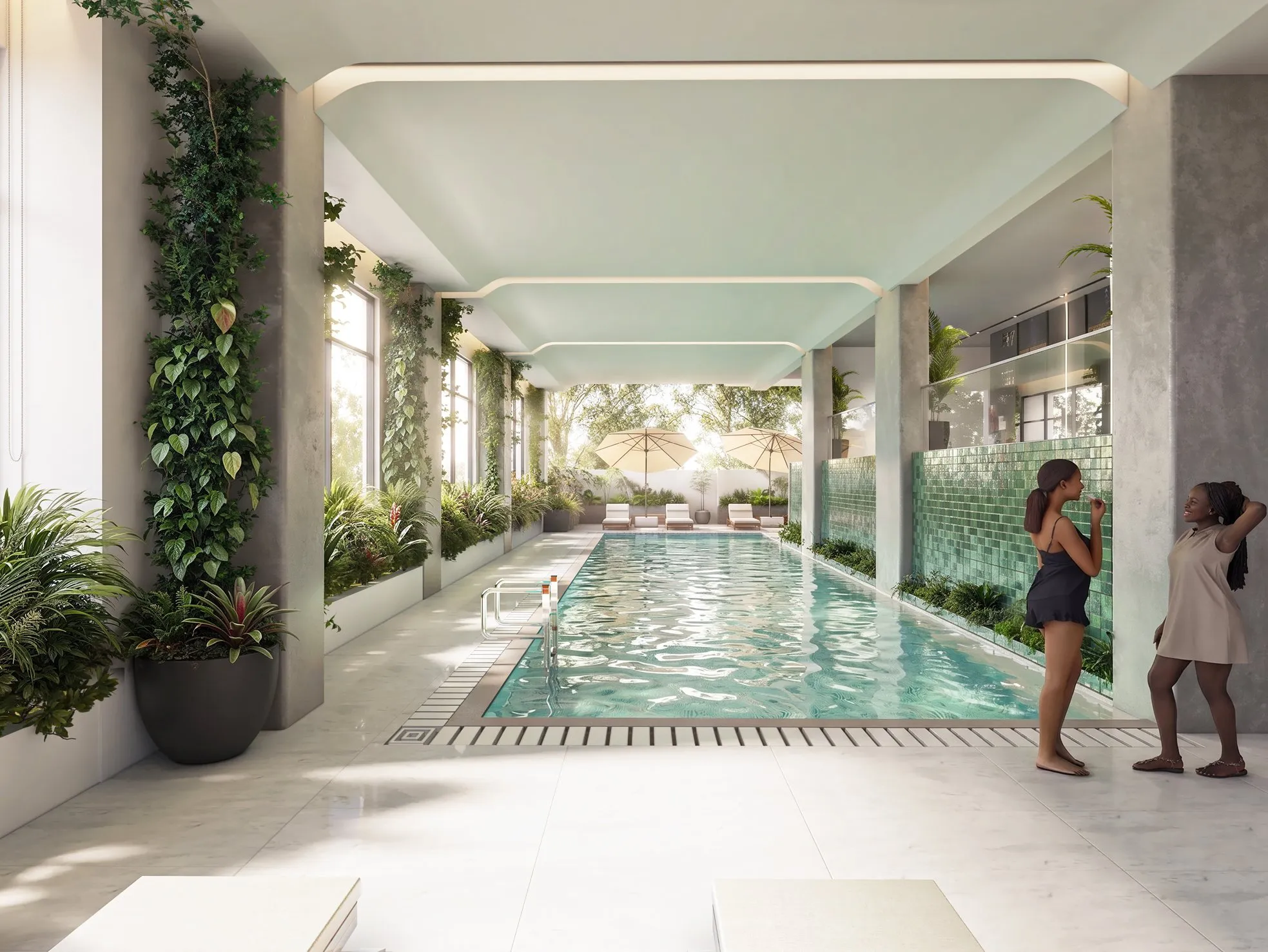 Heated pool and poolside bar with garden wall